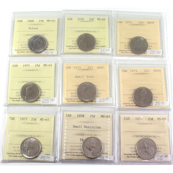 25-cent 1968-1979 ICCS MS65. 9pcs.