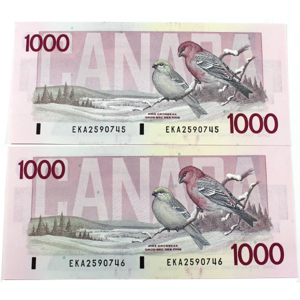 BC-61b 1988 $1000 Consecutive UNC or Better Bonin-Thiessen SN: EKA2590745-"46. 2pcs.