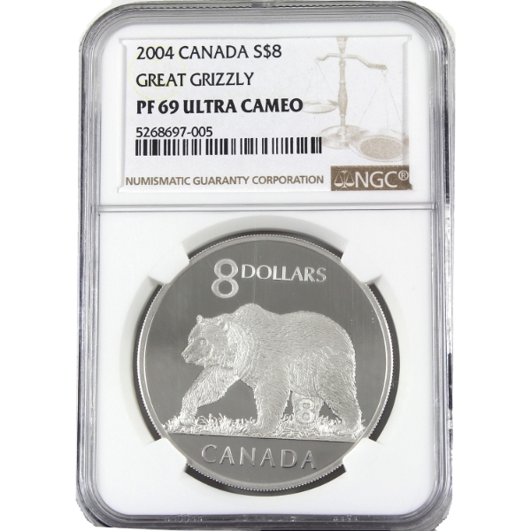 2004 $8 Great Grizzly 28.8g .9999 Fine Silver Coin NGC PF69 UC (Tax Exempt)
