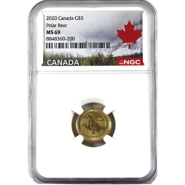 1/10oz 2020 $5 Majestic Polar Bear .9999 Fine Gold Coin NGC MS69 (Tax Exempt)