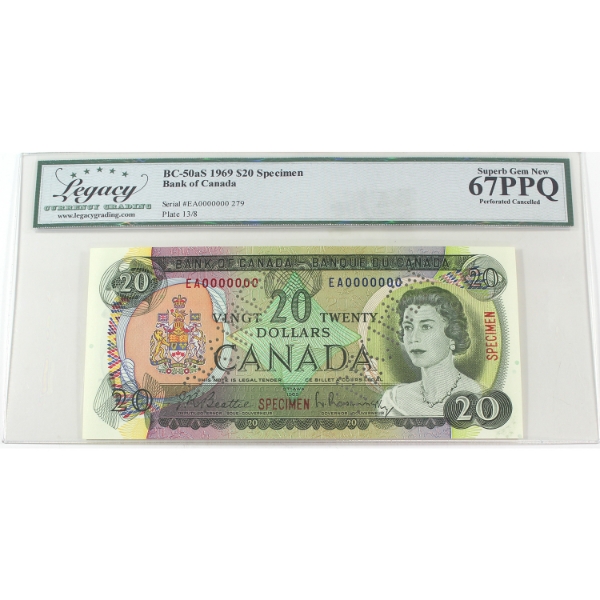 BC-50aS 1969 $20 SPECIMEN Legacy Superb GEM UNC67 PPQ Beattie-Rasminsky SN: EA0000000 279