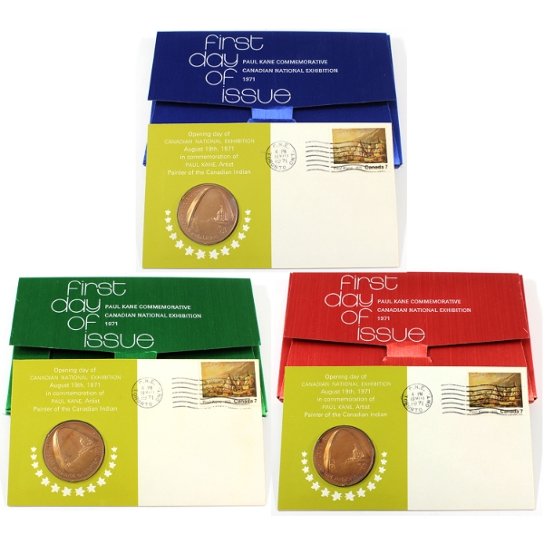 1971 CNE First Day Paul Kane Commemorative Stamp & Medallion Sets. 3pcs. 