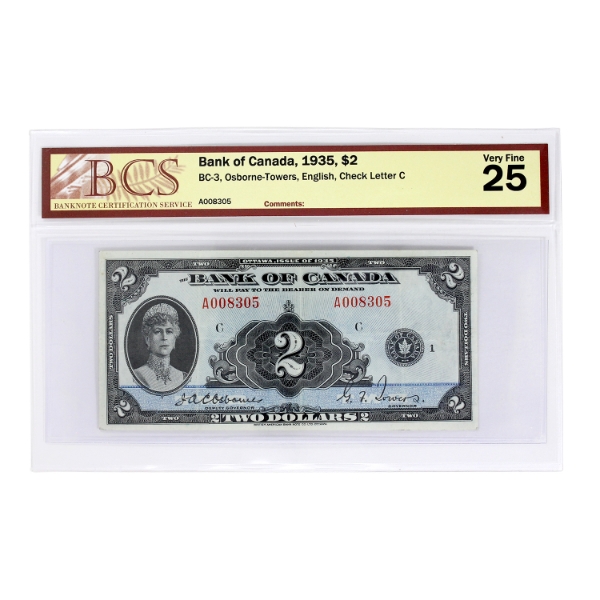 BC-3 1935 $2 English BCS VF25 Osborne-Towers SN: A008305 Check Letter C