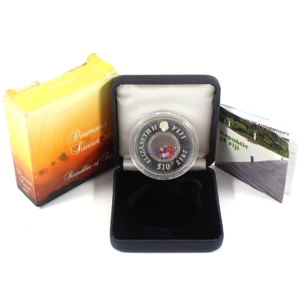 Republic of Fiji Silver 2012 10 FJD Diamond Sunset 20g .925 Fine Silver w/ 50 Zirconia Crystals