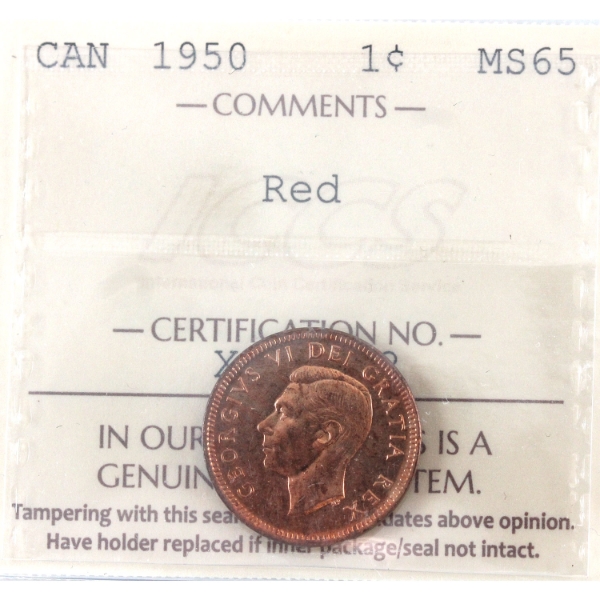 1-cent 1950 ICCS MS65 Red 