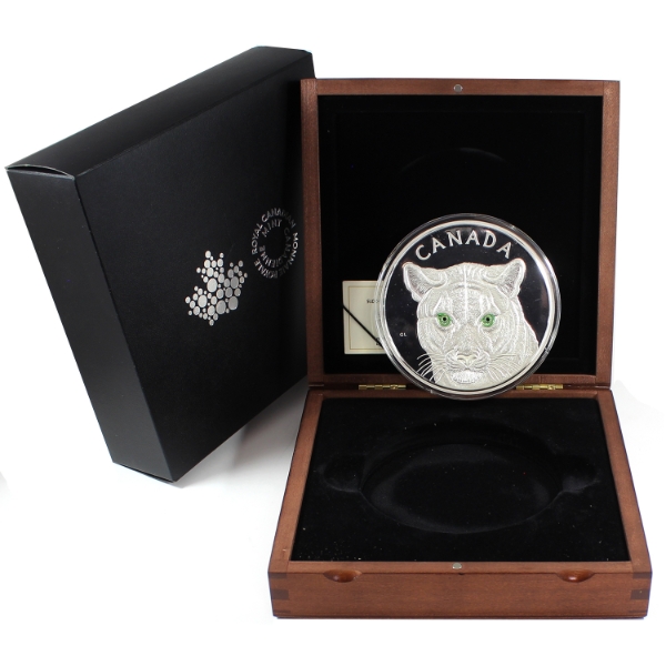 2015 $250 In the Eyes of the Cougar 1 Kilo .9999  Fine Silver w/ Selective Enamelling (Tax Exempt)