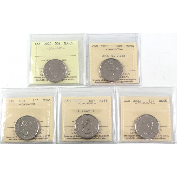 50-cent 2020, 2021 Coat of Arms, 2022, 2023 4 Pearls, & 2023 KCIII ICCS MS65. 5pcs.