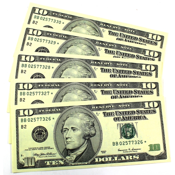 Group Lot of 5x USA 1999 $10 Consecutive Star Notes CUNC SN: BB02577326-"30. 5pcs.