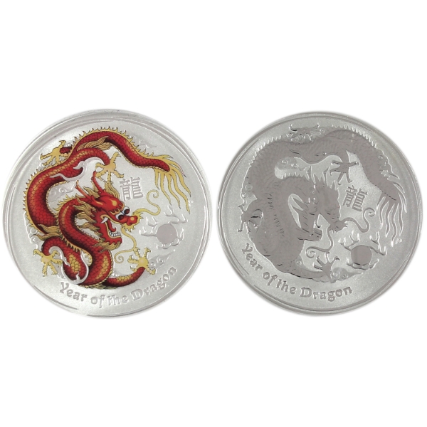 2x 1/2oz Australia 2012 50-cent Year of the Dragon Colour and Non-Colour .999 Fine Silver Coin. 