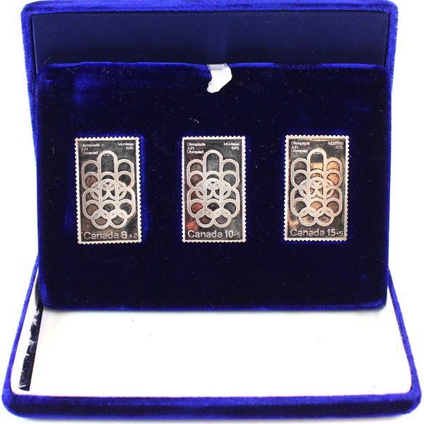 1976 Montreal Olympics Fine Silver 3-Piece Stamp Set in Velvet Display Case w/ COA (Tax Exempt)