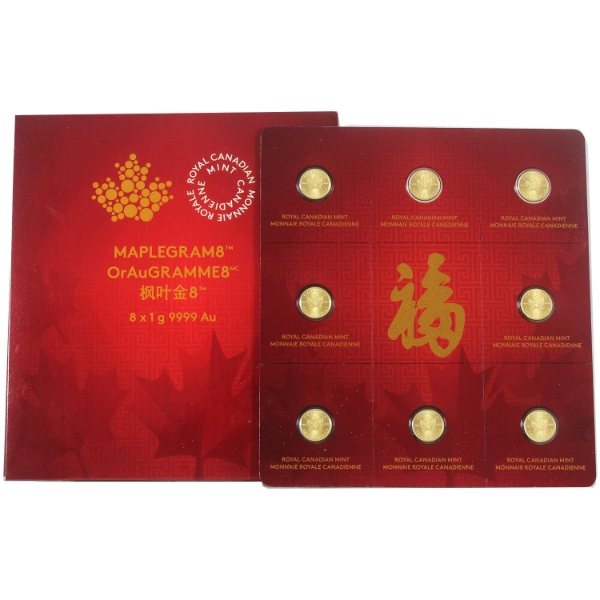 2016 Gold Maplegram8 Chinese Commemorative 1g .9999 Fine Gold RCM Sheet of 8pcs (Tax Exempt)