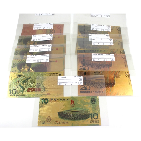 Bulk Lot of 10x China 2008-2012 Dollars, Patacas, & Yuan Gold Plated Banknotes. 10pcs.