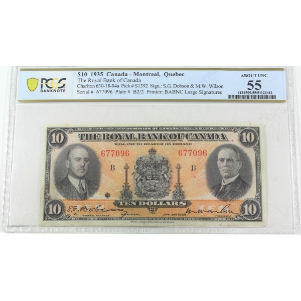 630-18-04a 1935 $10 The Royal Bank Large Signature PCGS AU55 Dobson-Wilson SN: 677096 PP B 