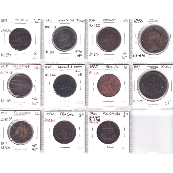 Bulk Lot of 1812-1857 Half Penny, Penny, & Tiffin Tokens G to VF30 in 12-Pocket Sheet. 11pcs.