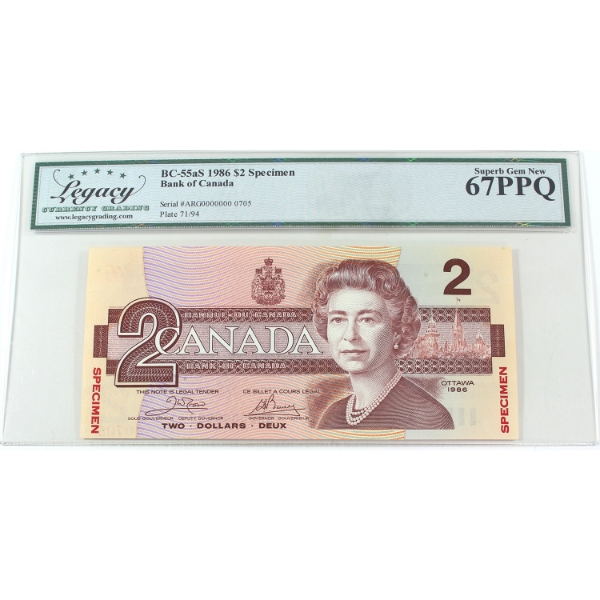 BC-55aS 1986 $2 Specimen Legacy Superb GEM UNC67 PPQ Crow-Bouey SN: ARG0000000 0705
