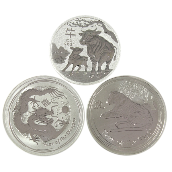 3x 1/2oz Australia 2010-2021 50-cent Lunar Year .999 Fine Silver Rounds. 3pcs. (Tax Exempt)