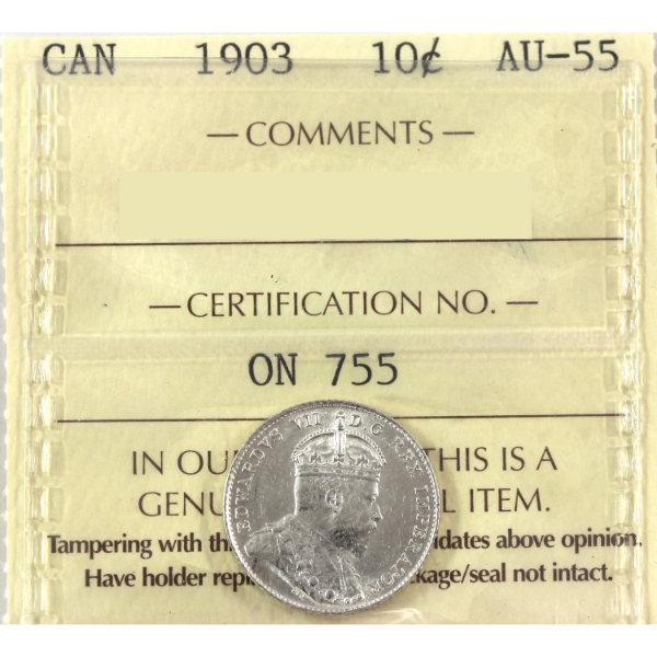 10-cent 1903 Key Date ICCS AU55