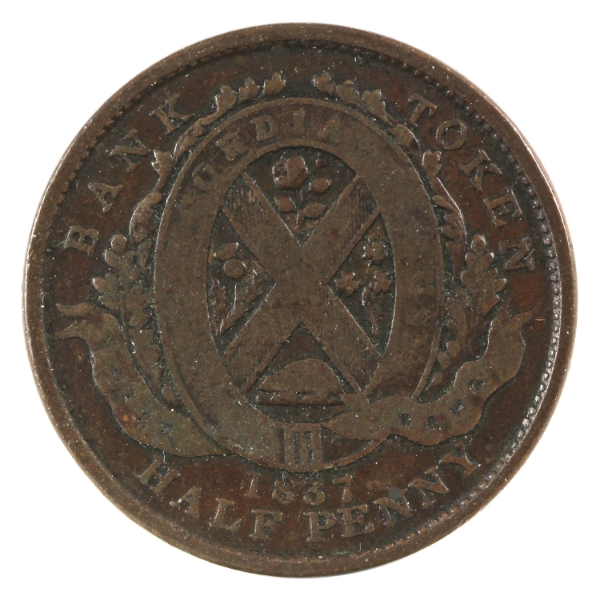 BR-522, CH-LC-8A5 1837 Rotated Die Un Sou Half Penny Bank Token VG *Scarce!*