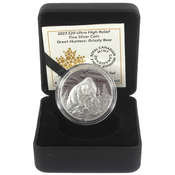 2023 $20 Great Hunters: Grizzly Bear UHR 1oz .9999 Fine Silver Coin (Tax Exempt)