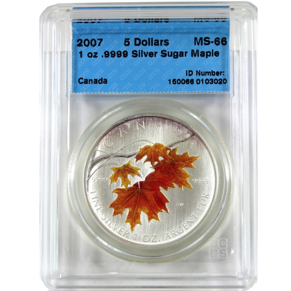 2007 $5 Sugar Maple in Orange - Coloured Silver Maple 1oz .9999 Fine Silver Coin CCCS MS66 