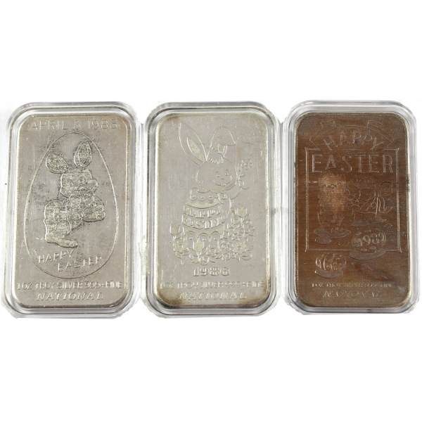 3x 1oz National Refiners 1983-1989 Easter .999+ Silver Art Bars. 3pcs. (Tax Exempt)