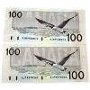 Image 1 : BC-60a 1988 $100 UNC or Better Thiessen-Crow SN:AJW9438876 & SN:AJP9570262. 2pcs.