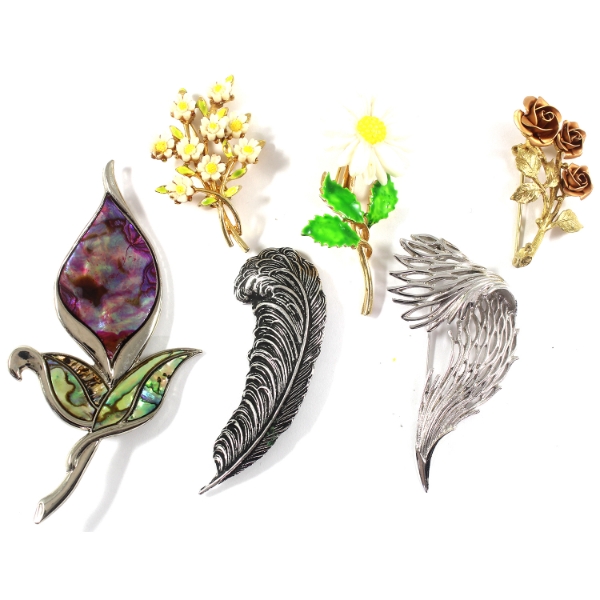 6x Floral Gold & Silver Costume Jewellery Brooches. 6pcs.