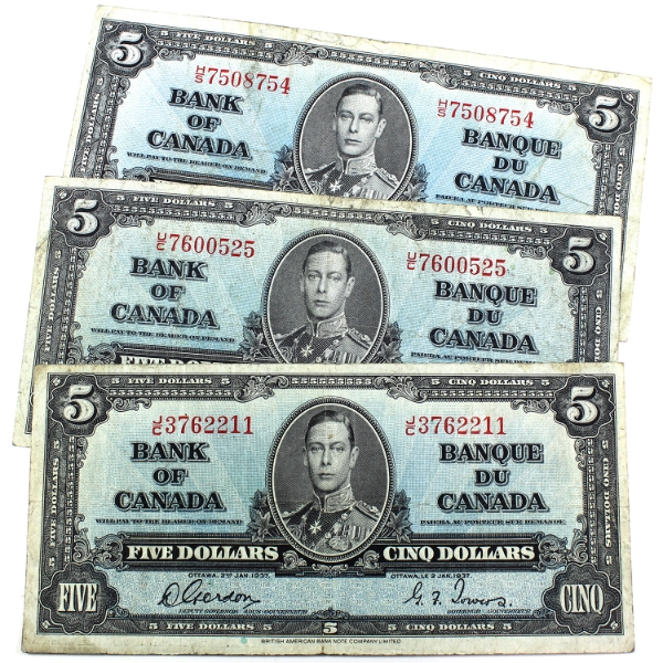 BC-23b & BC-23c 1937 $5 F to VF Gordon-Towers & Coyne-Towers. 3pcs.