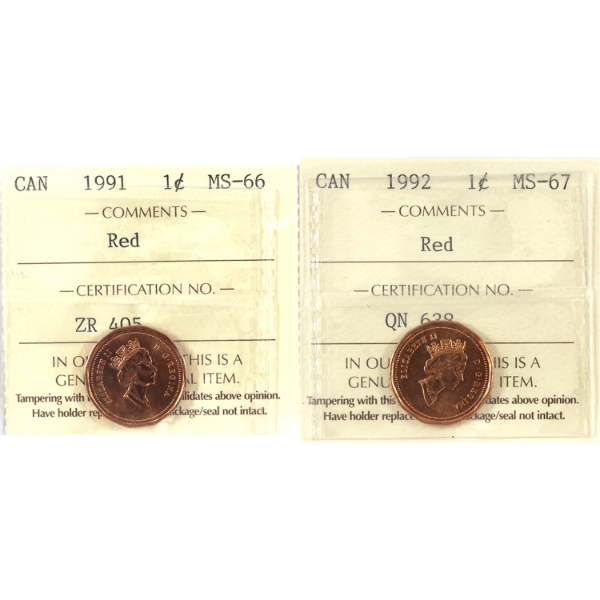 1-cent 1991 MS66 & 1992 MS67 ICCS Red. 2pcs.