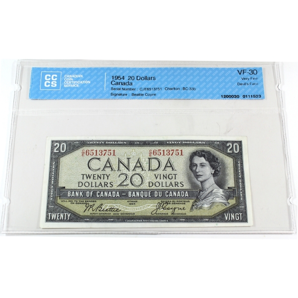 BC-33b 1954 $20 Devil's Face CCCS VF30 Beattie-Coyne SN:C/E6513751