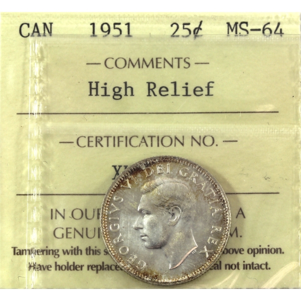 25-cent 1951 High Relief ICCS MS64