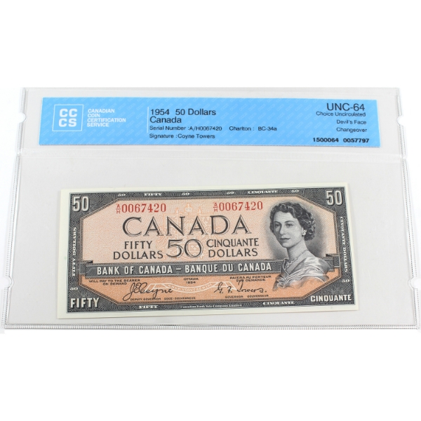 BC-34a 1954 $50 Devil's Face CCCS CUNC64 Coyne-Towers Changeover SN: A/H0067420