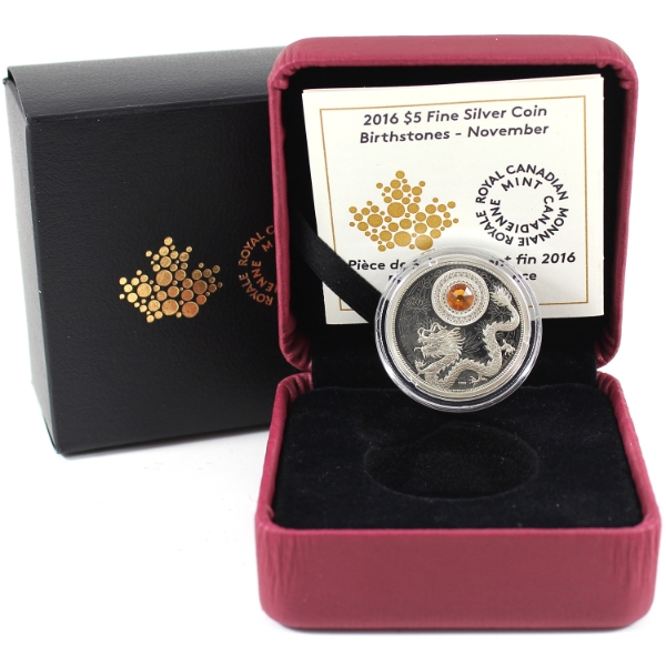 2016 $5 Birthstones - November Fine Silver Coin w/ Toned Swarovski Crystal