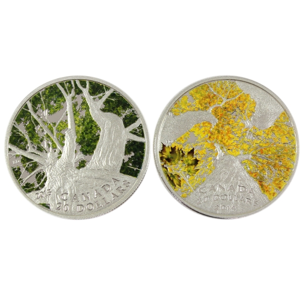 Group Lot of 2014 $20 Maple Canopy 1oz .9999 Fine Silver Coins w/ Selective Colour. 2pcs.