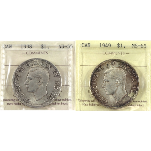 Silver $1 1938 AU55, & 1949 MS65 ICCS. 2pcs.