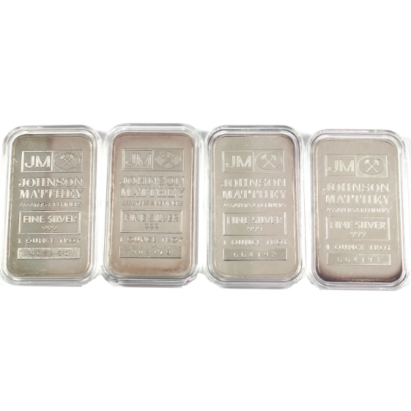4x Johnson Matthey c.1982 Logo Back .999 Silver Bars. 4pcs. *2x Pairs Consecutive SNs!* (Tax Exempt)
