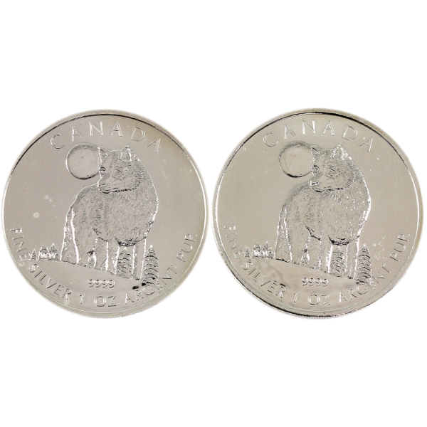 2x 1oz 2011 $5 Wildlife- Wolf .9999 Fine Silver Coins. 2pcs (Tax Exempt)