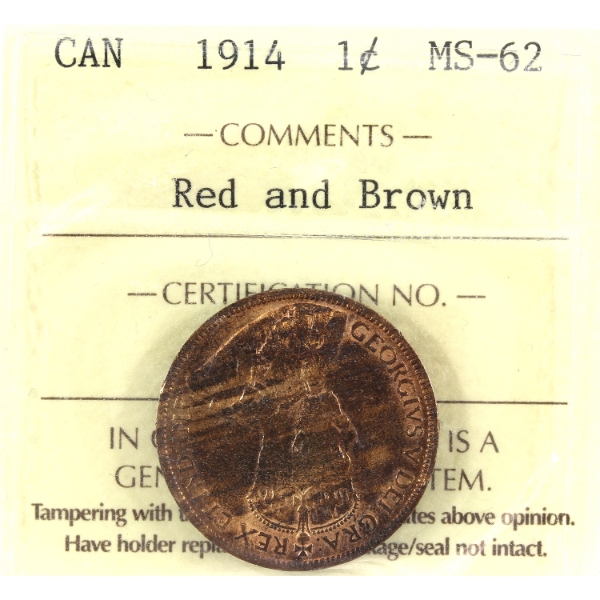 1-cent 1914 ICCS MS62 Red & Brown