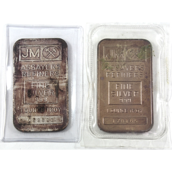 2x 1oz Johnson Matthey c.1979 Blank Back .999 Silver Bars. 2pcs. (Tax Exempt)