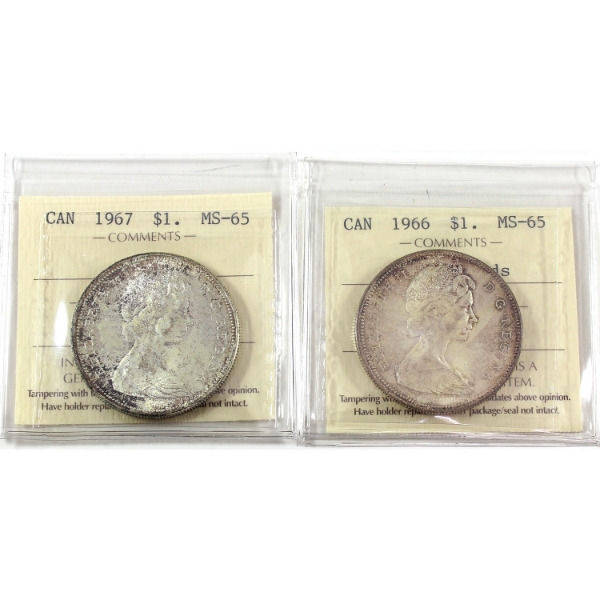 Silver $1 1966 LB & 1967 ICCS MS65. 2pcs.