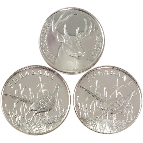 3x 1oz White Tail Deer and 2x Pheasant .999 Fine Silver Rounds. 3pcs