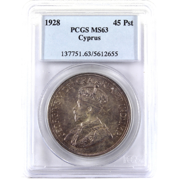 Cyprus Silver 1928 45 Piastres PCGS MS63