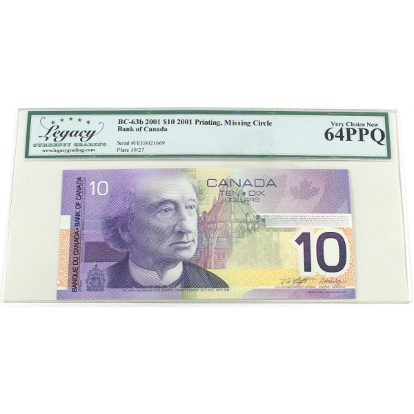 BC-63b 2001 $10 Missing Circle Legacy CUNC64 PPQ Knight-Dodge Printed in 2001 SN: FEE0021669