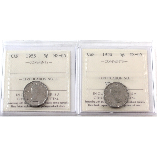5-cent 1955 & 1956 ICCS MS65. 2pcs. 