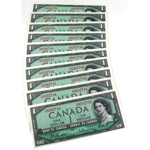 10x BC-37a-i 1954 $1 Modified Portrait Consecutive Beattie-Rasminsky SN: H/M9262743-"52. 10pcs.