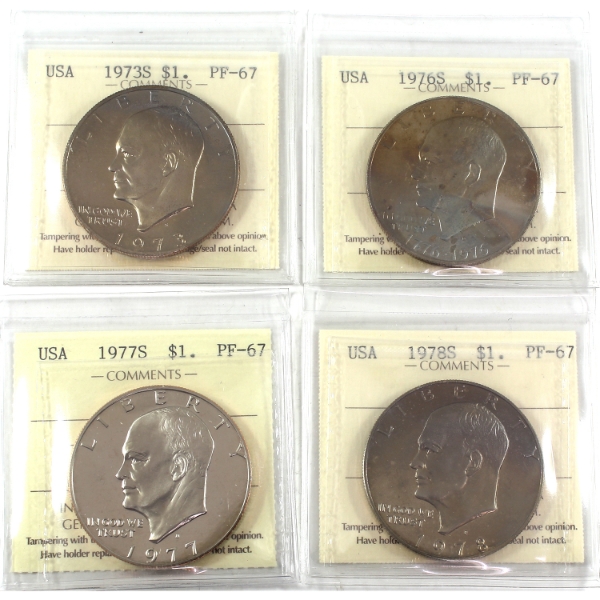 4x USA 1973S, 1976S, 1977S UHC, & 1978S Eisenhower Dollar ICCS PF67. 4pcs.