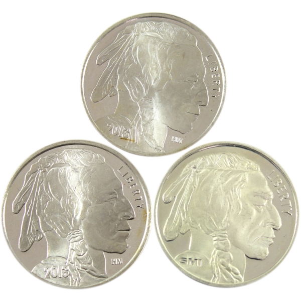3x 1oz Highland Mint & Sunshine Mint Buffalo Nickel Replica .999 Fine Silver Rounds. 3pcs.