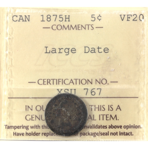 5-cent 1875H Large Date ICCS VF20