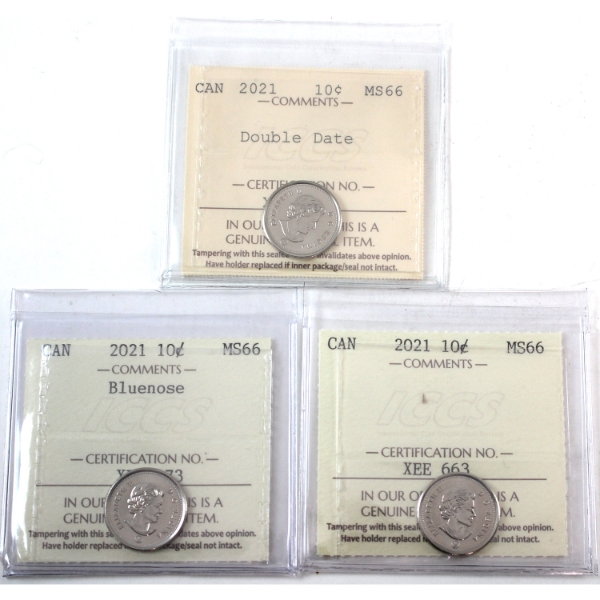 10-cent 2021 Double Date, 2021 Bluenose & 2021 ICCS MS66. 3pcs. 