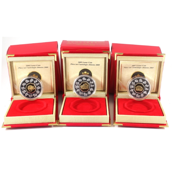 2007-2009 $15 Sterling Silver Lunar Coins w/ Gold Plated Cameos. 3pcs